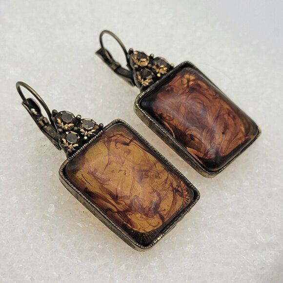 Vintage Brass Crystal  Amber Rectangle Drop Earrings 1.25 in Leverback Pierced - Picture 2 of 8